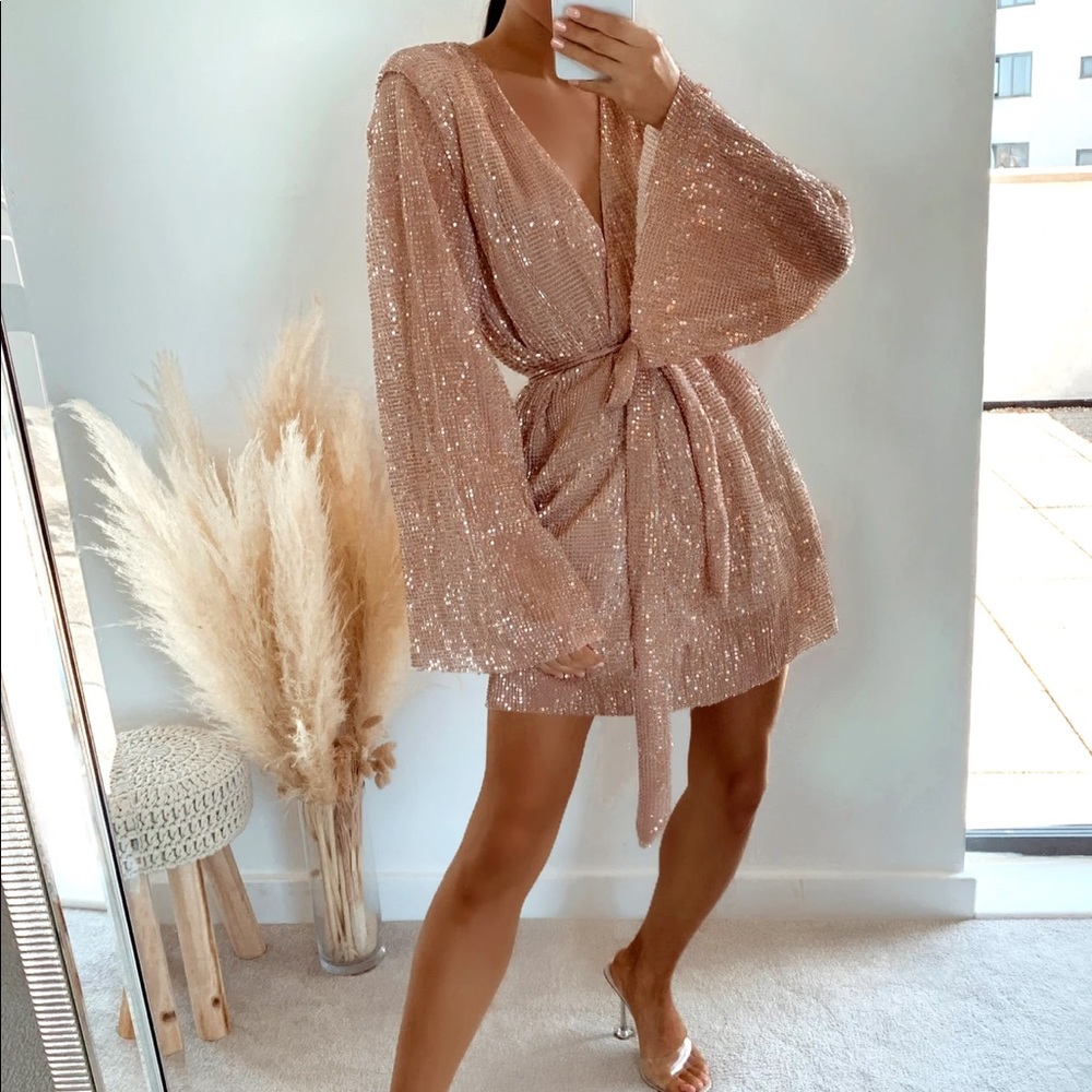 Rose Gold Sequin Wrap Flute Sleeve Belted Mini Dress